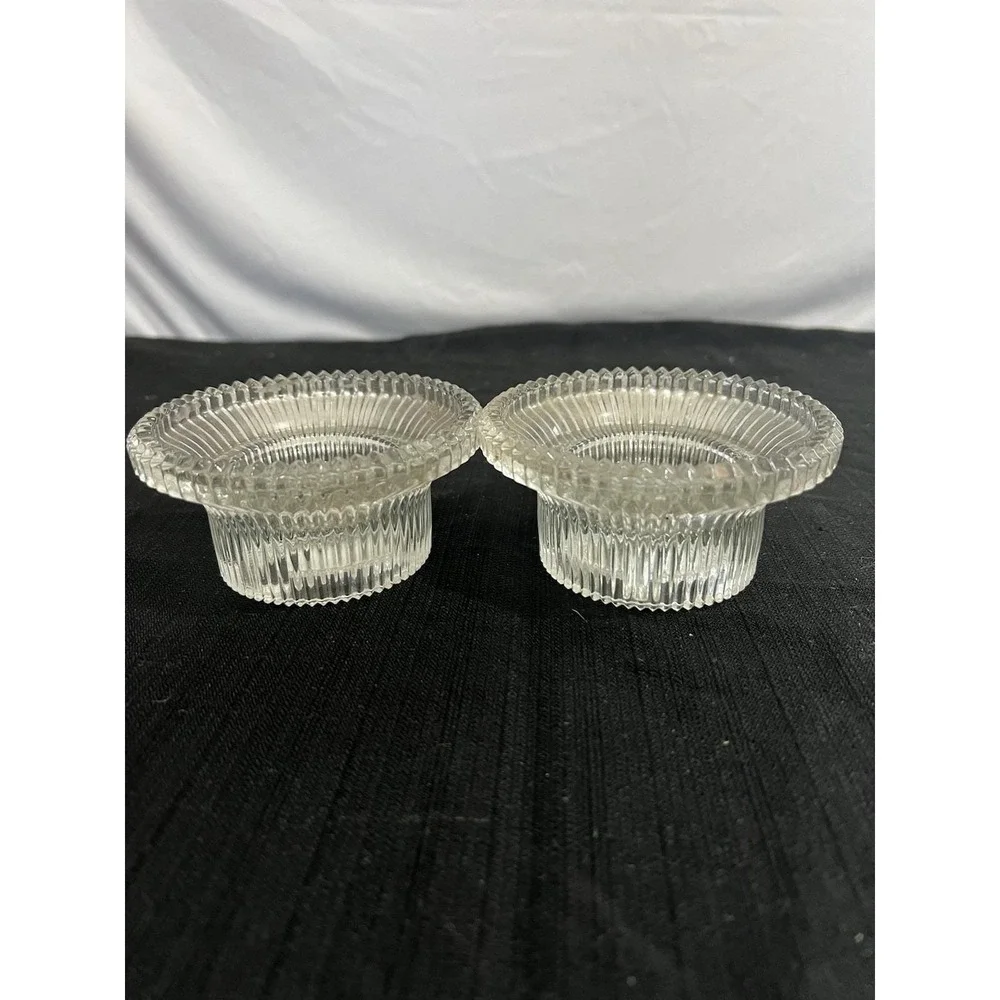 Vintage Clear‎ Ribbed Glass Candle Holder Pair Reversible Taper Pillar Set of 2